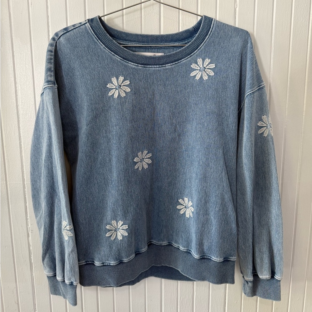 Woman’s sweater, Jean material with embroidered flowers.